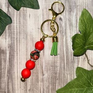 Red and Gold Beaded Keychain
